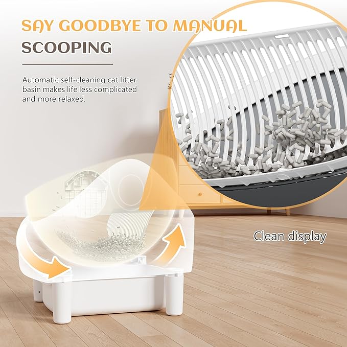 Greesum Automatic Self-Cleaning Litter Box for Cats - Open-Top Design, Easy Odor Control, Smart APP Control, 15L Large Waste Bin, Includes Trash Bags & Mat (White)-Mewly Pet