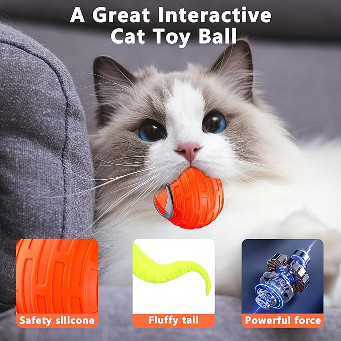 Cat Toys,Interactive Cat Toys Ball for Bored Indoor Cat,Automatic Rolling,Drop Resistant and Obstacle Avoidance,2 Modes Adjustment,Fluffy Tail and USB Type-C Rechargeable（Orange）-Mewly Pet