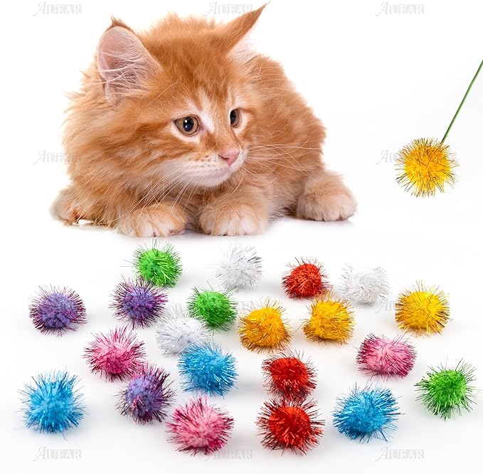 AUEAR, 20 Pack Sparkle Balls 1.5 Inches Tinsel Poms for Cats Pets Assorted Colors-Mewly Pet