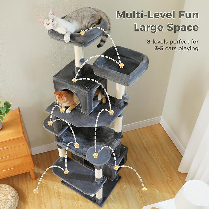 PAWZ Road Large Cat Tree, 72 Inches Cat Tower for Large Cats, Cat Condo with Sisal-Covered Scratching Posts and Pads, 2 Padded Perch, Dual Condo and Basket for Indoor Cats-Dark Gray-Mewly Pet