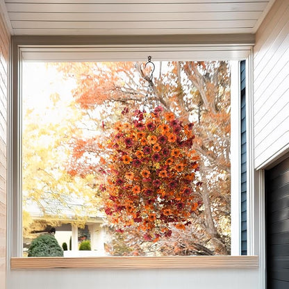 Artificial Faux Fall Hanging Flowers Plants Basket for Fall Outdoor Decoration,Fake Silk Orange Mums planters UV Resistant Look Real for Home Porch Patio Yard Outside Autumn Decor (Brown Orange)