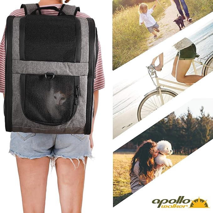 Apollo Walker Pet Carrier Backpack for 4-15lb Cats and Dogs, Puppies, Safety Features and Cushion Back Support | for Travel, Hiking, Outdoor Use (Gray)-Mewly Pet