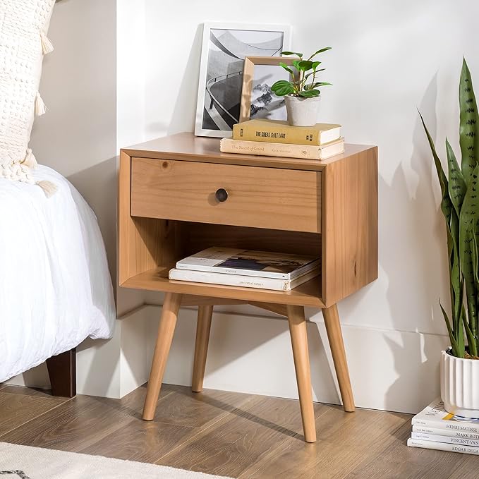 Walker Edison Mid Century Modern 1-Drawer Nightstand Bedroom Storage Drawer and Shelf Bedside End Table, 24 Inch, Natural Pine