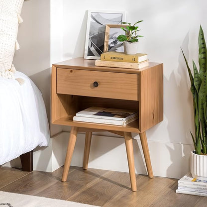 Walker Edison Mid Century Modern 1-Drawer Nightstand Bedroom Storage Drawer and Shelf Bedside End Table, 24 Inch, Natural Pine
