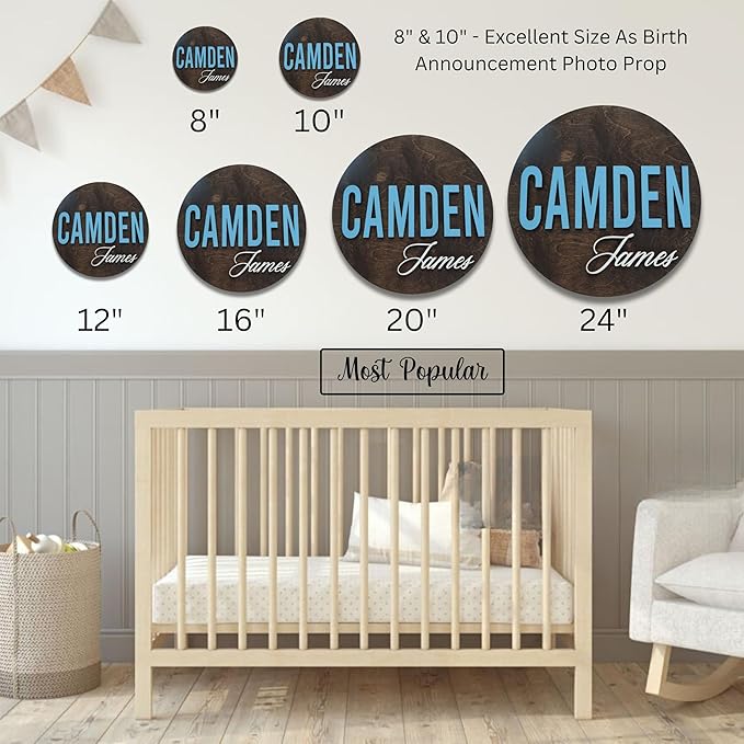 Custom Round Nusery Name Sign, Personalized 3D Baby Name Announcement Sign, Personalized Wooden Wall Plaque, 3D Wall Art for Children & Kids Rooms, Family Name Signs, 30 Colors (Design 8)