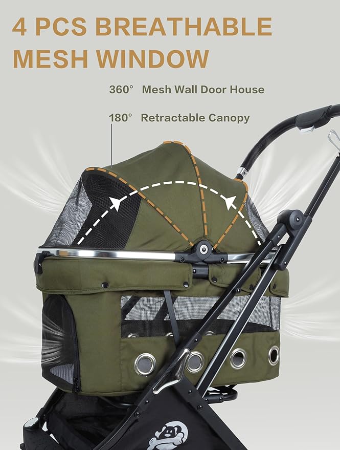 JK Pawadore 4 Wheels Pet Stroller Best Lightweight Foldable Portable Secure Easy Lock NO-Zip 180 ̊ Canopy Sun Shades Waterproof for Small/Medium Dogs 33lbs with Large Storage Basket (Army Green)-Mewly Pet