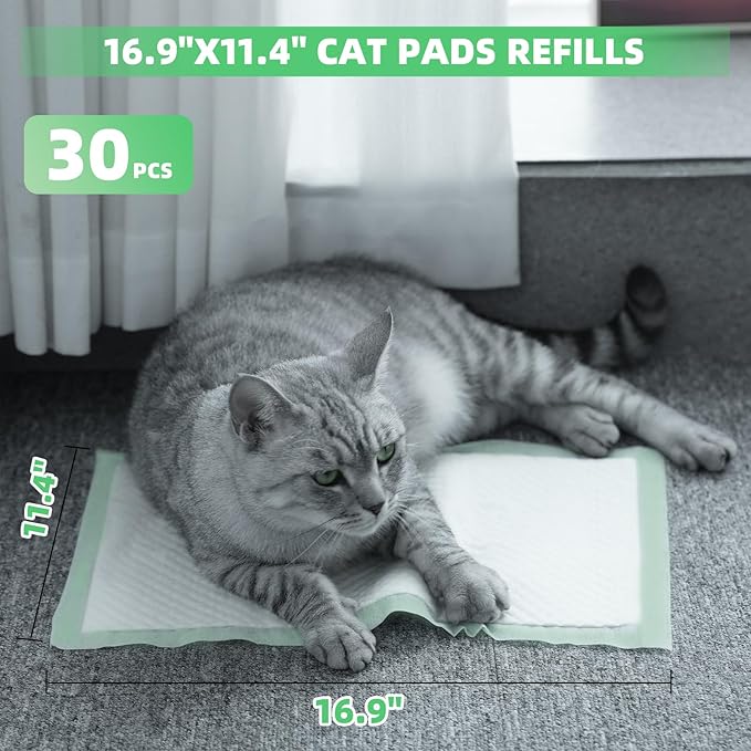IMMCUTE Cat Pads 16.9"" X 11.4"", Lemon Scent, 30 Ct, Pee Pads for Cats, Thickened Super Absorbent Pee Pads, Odor Control, Cat Pads for Litter Box System, Cat Pad Refills, Cat Litter Pads, Green-Mewly Pet
