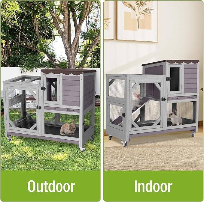 Wooden Rabbit Hutch with Two Story, Bunny Cage with Leak-Proof Trays, and Chew-Proof Ramp, Guinea Pig Cage with Wheels, Suitable for Indoor/Outdoor Use (Grey)-Mewly Pet