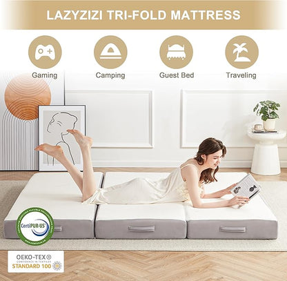 Folding Mattress, 6 Inch Memory Foam Tri-fold Mattress with Breathable & Washable Bamboo Fiber Fabric Cover, Foldable Guest Bed for Camping, Road Trip, Queen