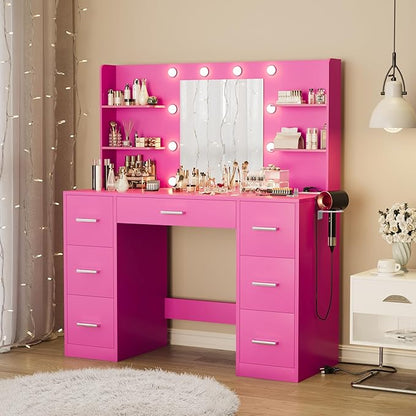 Furmax Vanity Desk with Mirror, LED Lights and Power Outlet Makeup Vanity Table with 7 Drawers and 6 Storage Shelves Dressing Table for Bedroom Dressing Room (Rose Pink)