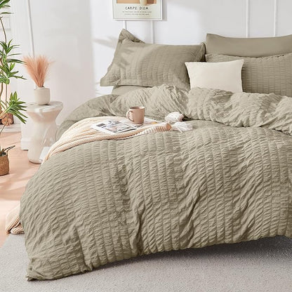 HYMOKEGE Linen California King Comforter Set Seersucker 7 Pieces, All Season Luxury Bed in a Bag for Bedroom, Bedding Set with Comforter, Sheets, Pillowcases & Shams