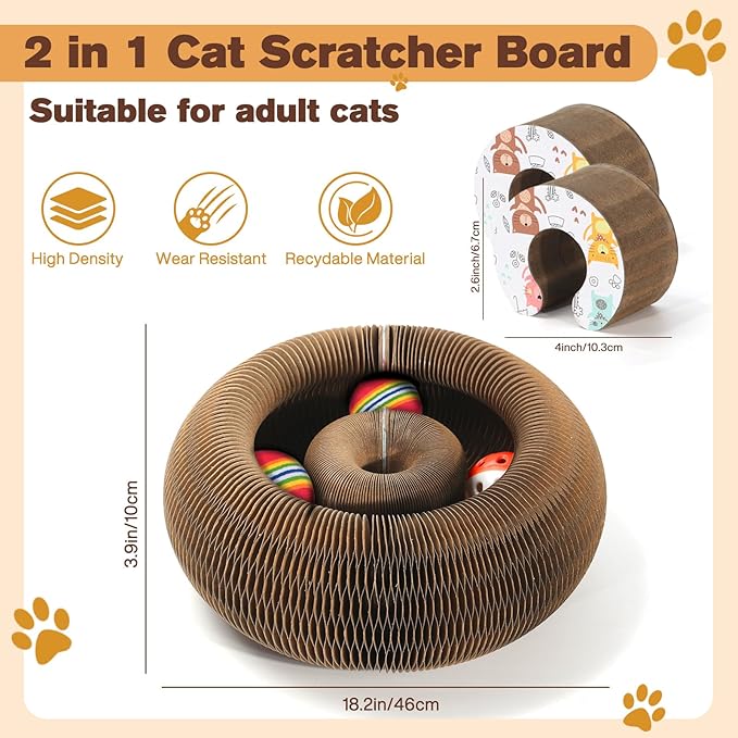 2 PCS Magic Organ Cat Scratcher Board with 6 Balls, Foldable Recyclable Accordion Cats Toy with Ball and Track Adventure, Cat Scratching Pad, Retractable Reversible Furniture Protector(Brown)-Mewly Pet