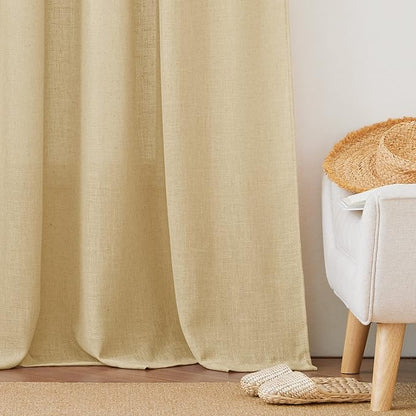 RYB HOME Sheer Curtains 108 inches Long, Linen Textured Wave Semi Sheer Privacy Curtains for Bedroom Living Room High Ceiling Window Decor, Sand, W 52 x L 108, 1 Pair
