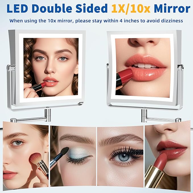 Ruacq Rechargeable Wall Mounted Makeup Mirror with Lights, Double Sided 1X/10X Magnifying Vanity Mirror with 3 Color Lighting, Touch Screen Dimmable, 360° Rotation Extension Foldable Arm(Chrome)