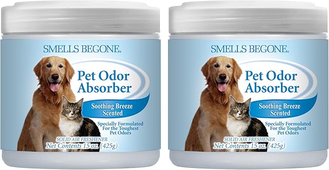 SMELLS BEGONE Air Freshener Pet Odor Absorber Gel - 15 oz, Pack of 2 - Absorbs and Eliminates Odor in Pet Areas, Bathrooms, Cars, & Boats - Made with Essential Oils - Soothing Breeze Scent-Mewly Pet