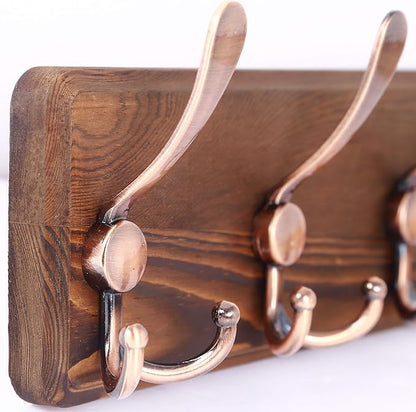 SKOLOO Rustic Pine Wood Wall Coat Rack with 5 Triple Hooks, 16" Hole to Hole, Farmhouse Wall Mounted Coat Rack for Hanging Backpack, Jacket, Hat