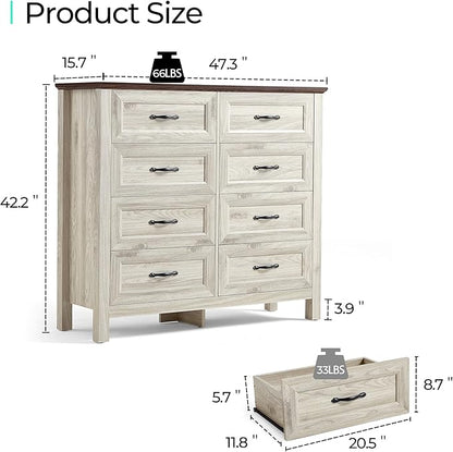 LINSY HOME Farmhouse 8 Drawers Dresser Chests for Bedroom, Wood Dresser Wide Chest of Drawers, Storage Dressers Organizer for Bedroom, Living Room,Hallway, SGS Certified