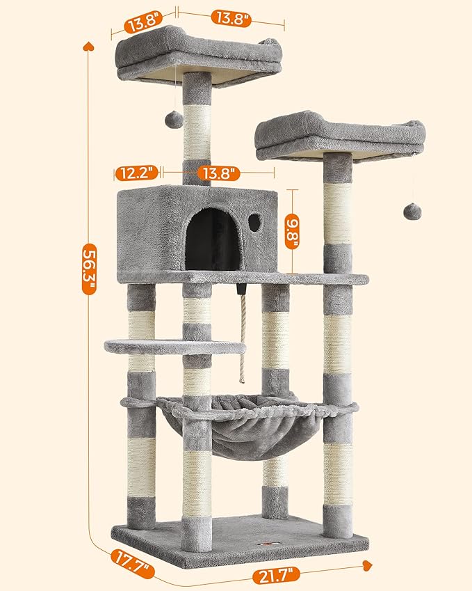 FEANDREA Cat Tree, Cat Tower for Indoor Cats, 56.3-Inch Cat Condo with Scratching Posts, Hammock, Plush Perch, Light Gray UPCT15W-Mewly Pet