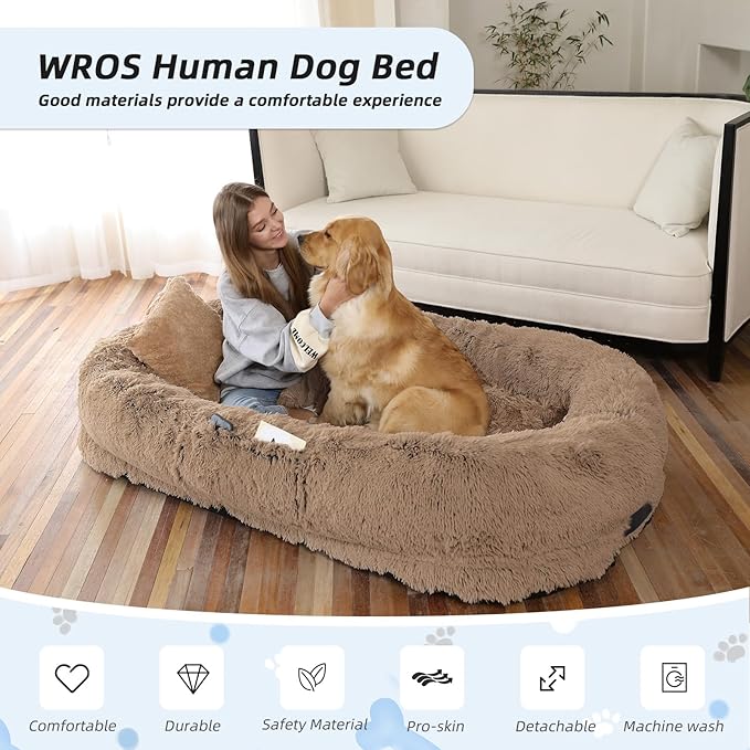 Human Dog Bed, Large Dog Beds for Humans Size Fits You and Pets, Washable Faux Fur Orthopedic Human Pet Bed for People Doze Off, Napping, Present Pillow, Blanket, Strap - Khaki-Mewly Pet