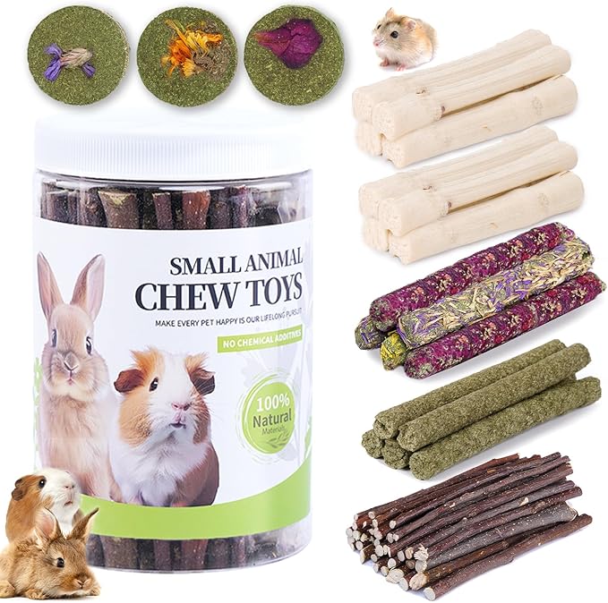 50-60 Pcs Rabbit Chew Toys, Guinea Pig, Hamster, Bunny Chew Toys, Sweet Bamboo, Apple Stick, Timothy Stick, Prevent Teeth Overgrowth, Clean Teeth-Mewly Pet