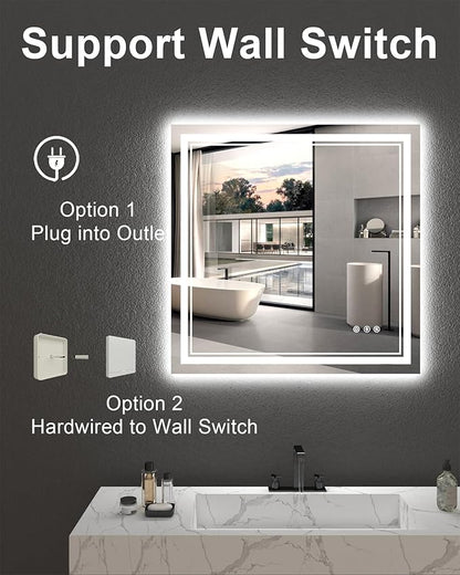 36x36 Inch LED Bathroom Mirror with Lights, Square Lighted Vanity Mirror for Bathroom Wall Mounted with Ample Illumination of 1 Backlit + 2 Front Lits, Defogging, Stepless Dimmable, Tempered Glass