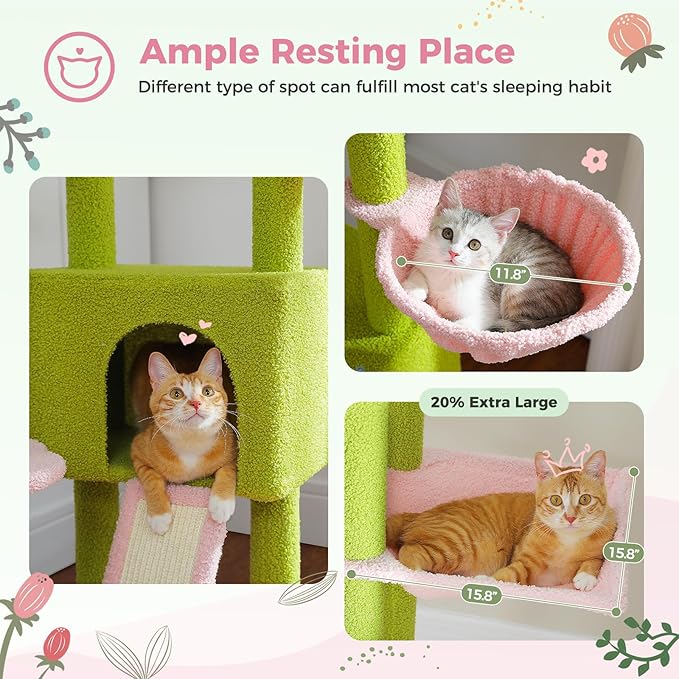 PEQULTI Tall Cat Tree Floor to Ceiling Cat Tower Adjustable Height (90.5''-100.4'' = 230cm-252cm) with Cat Condo, Cozy Hammock and Scratching Post, Pink Flower Climbing Tree for Indoor Cats, Pink-Mewly Pet