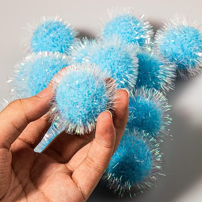 VAPKER 30 Pcs Cat Ball Toys Sparkle Balls Extra Large 2 Inch Cat's Favorite Chase Glitter Ball Glitter Tinsel Pom Poms Balls Light Blue Color-Mewly Pet