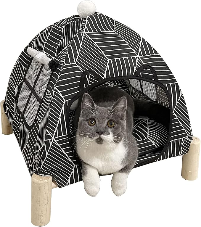 2-in-1 Elevated Cat Tent Cat House, Quick Assembly and Disassembly, Portable Indoor/Outdoor Cute Cat Bed Cave-Black Diamond Pattern-Mewly Pet