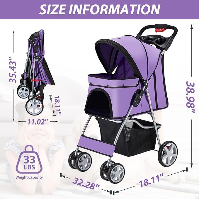 4 Wheels Pet Stroller for Small Medium Dogs Cats 10-33 lbs, Foldable Dog and Cat Stroller with Cup Holder & Storage Basket & Breathable Mesh, Pet Strolling Cart for All-Season, Purple-Mewly Pet