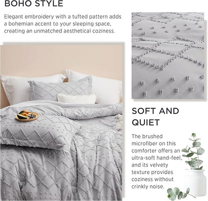Bedsure King Comforter Set - Light Grey Comforter, Boho Tufted Shabby Chic Bedding for Kids, 3 Pieces Vintage Farmhouse Bed Set for All Seasons, Fluffy Soft Bedding with 2 Pillow Shams