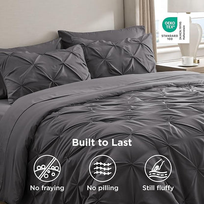 Bedsure California King Comforter Set - Bed in a Bag Cal King Bedding Set 7 PCS, GentleSoft™ Pintuck Bed Set Gift for Family, Pinch Pleat Dark Grey Comforter with Sheets, Pillowcases & Shams