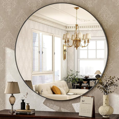 HARRITPURE Round Mirror 30 Black Wall Mounted Circle Mirrors Vanity Mirror with Brushed Aluminum Alloy Frame Modern Decoration for Bathroom, Living Room, Vanity, Bedroom, Entryway