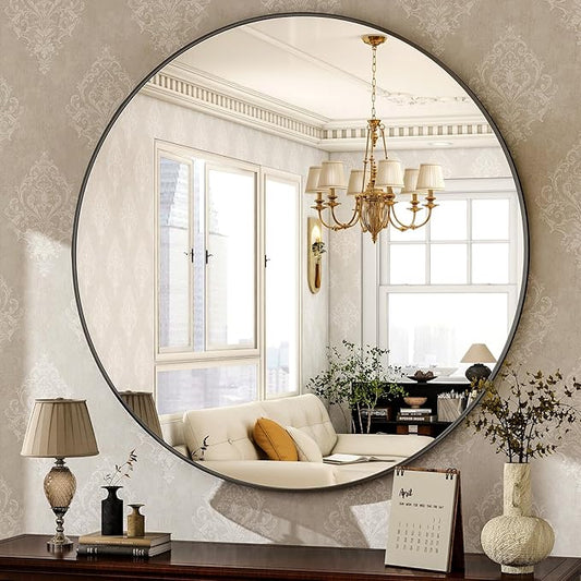 HARRITPURE Round Mirror 36 Black Wall Mounted Circle Mirrors Vanity Mirror with Brushed Aluminum Alloy Frame Modern Decoration for Bathroom, Living Room, Vanity, Bedroom, Entryway