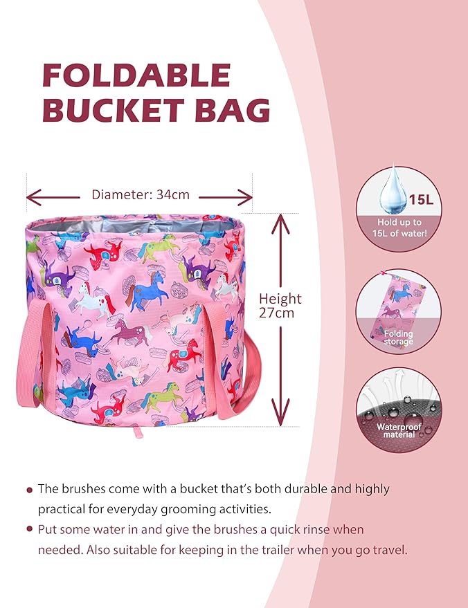 Harrison Howard Horse Grooming Kit 11-Piece Equine Care Series Horse Brush Sets with Organizer Tote Bag Tack Room Supplies Shedding Grooming Massaging Tools Pink Brushstroke Ponies-Mewly Pet