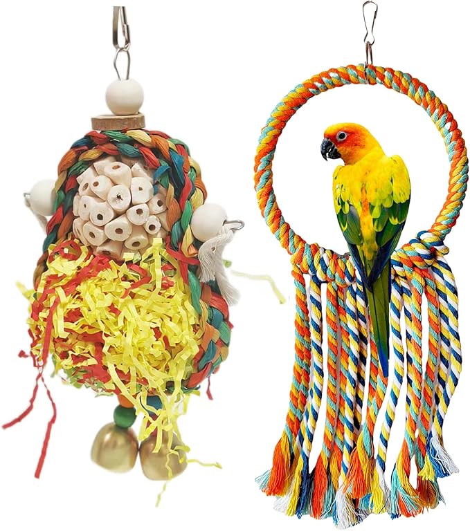 Bird Hoop Swing and Parakeet Toys,Natural Sola Balls and Shredding Hanging Toy,Birds Rope Swing,Suitable Small and Medium-Sized Parrots Toys,Birds Toy for Cockatiels,Conures,Lovebird-Mewly Pet