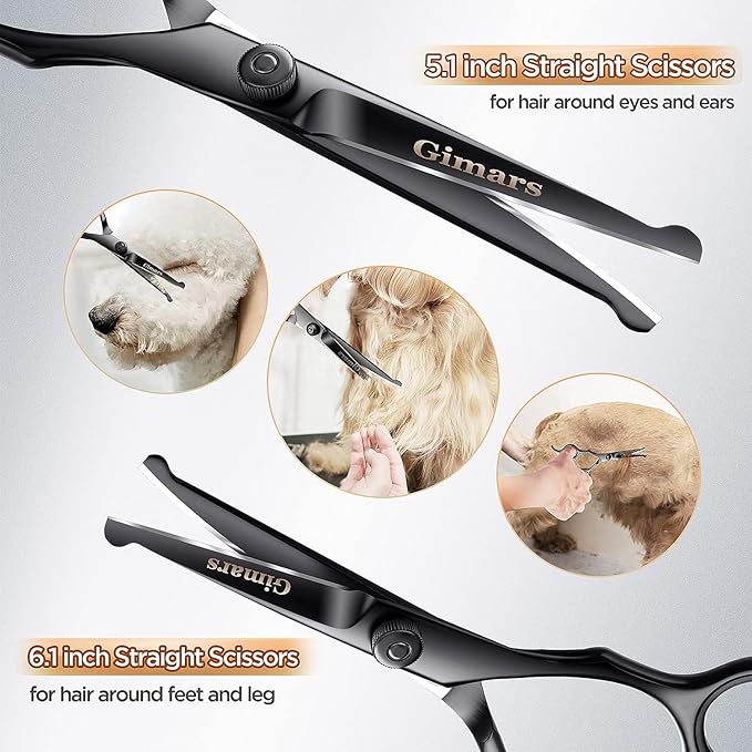 Gimars 7inch Professional 4CR Stainless Steel 6 in 1 Grooming Scissors for Dogs with Safety Round Tip, Heavy Duty Titanium Coated Pet Grooming Scissor for Dogs, Cats and Other Animals-Mewly Pet