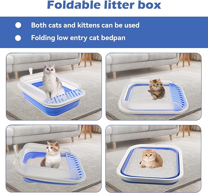 High Sided Cat Litter Box, Anti-Splashing Low Entry Cats Litter Pan with Scoop Collapsible Foldable Shallow Kitten Potty Toilet Waterproof Cat Travel Litterbox Semi-Enclosed Easy Clean(Blue)-Mewly Pet