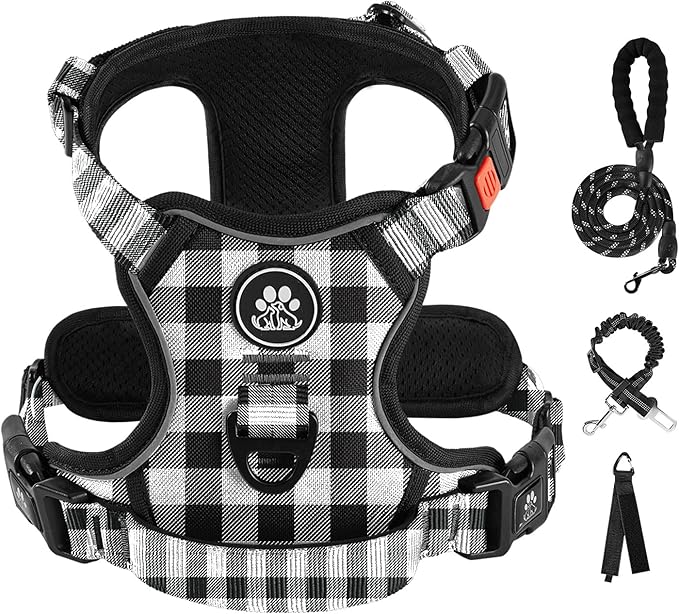 IVY&LANE No Pull Dog Harness with Leash Set, Reflective No Choke Pet Vest,Adjustable Oxford Dog Vest Harness with Easy Control Handle for Large Dogs (Checkered Black,L)-Mewly Pet