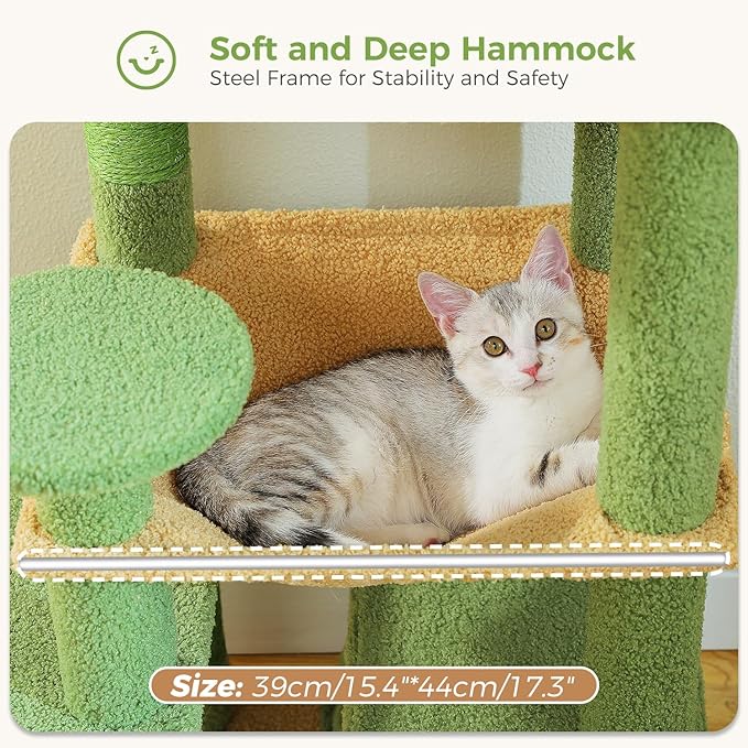 PAWZ Road Cat Tree, 53.5 Inches Tall Cat Tower with Spacious Hammocks, Condos and Scratching Posts, Cat House with Dual Padded Perches for Indoor Large Cats-Green-Mewly Pet