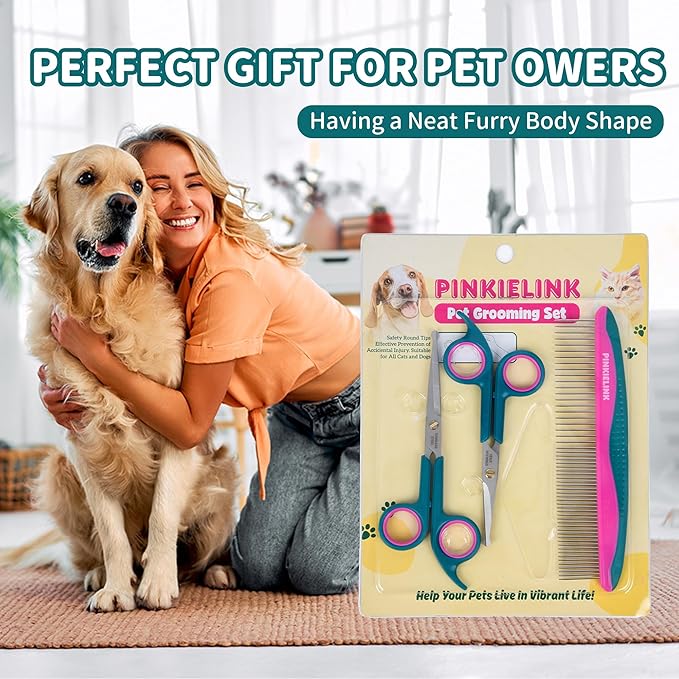 Pet Grooming Scissors Kit, Dog Grooming Shears with Stainless Steel Rounded Tip Blades for Safe Fur Trimming for Dog, Cat, Includes Pet Comb (Set of 3)-Mewly Pet