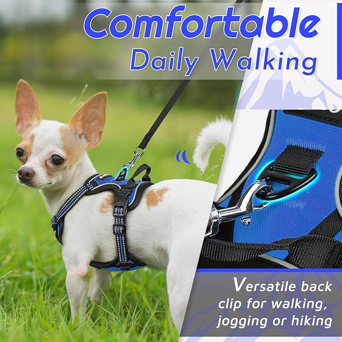 Eagloo Small Dog Harness No Pull, Service Vest with Reflective Strips and Control Handle, Adjustable and Comfortable for Easy Walking, No Choke Pet Harness with 2 Metal Rings, Blue, XS-Mewly Pet