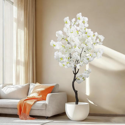 Large Artificial White Cherry Blossom 6ft(72in) Faux Floor Green Plant for Indoor Decor Natural Potted Tree Realistic Cherry Flowers Wood Trunk for Home Living Room,Office Perfect Housewarming Gift