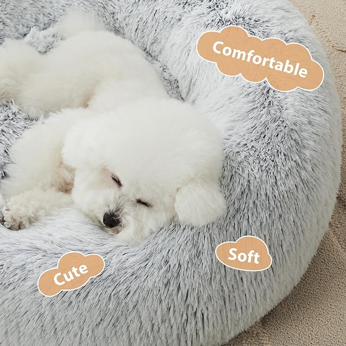 WNPETHOME Calming Dog Bed Cat Bed Donut, Faux Fur Pet Bed Self-Warming Donut Cuddler, Comfortable Round Plush Dog Beds (24 x 24 Inch, Light Grey)-Mewly Pet