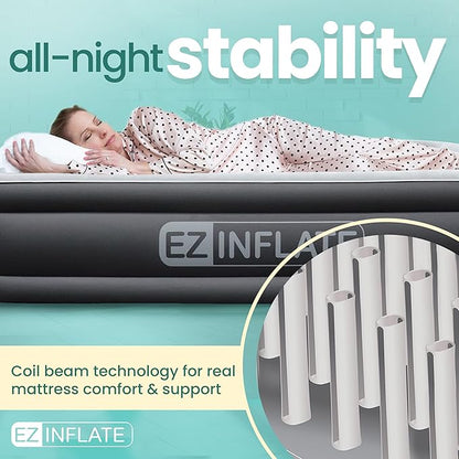 EZ INFLATE Air Mattress with Built in Pump - King Size Double-High Inflatable Mattress with Flocked Top - Easy Inflate, Waterproof, Portable Blow Up Bed for Camping & Travel