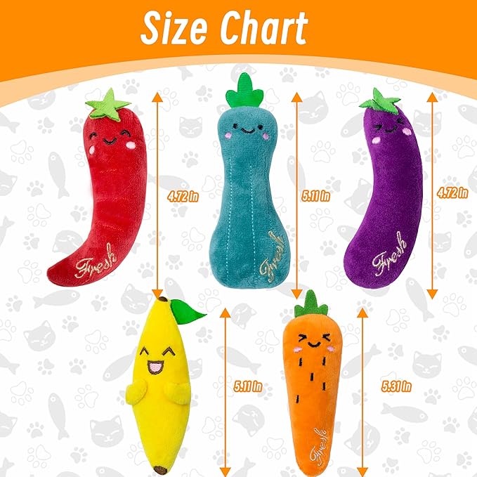Catnip Toys for Indoor Cats, 5 Pack Cat Toys for Cats, Fluffy Catnip Toys for Chewing Playing, Interactive Kitten Toys, Catnip Filled Kitty Chew Teething Toys, Cat Chew Toys, Vegetable,5 pcs-Mewly Pet