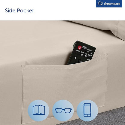 DREAMCARE Queen Sheet Set – 4 pcs Cooling Sheets – up to 21” Extra Deep Pocket Queen Sheets – Hotel Luxury Sheets & Pillowcases – Superior Softness 100% Microfiber with Side Pocket - Beige