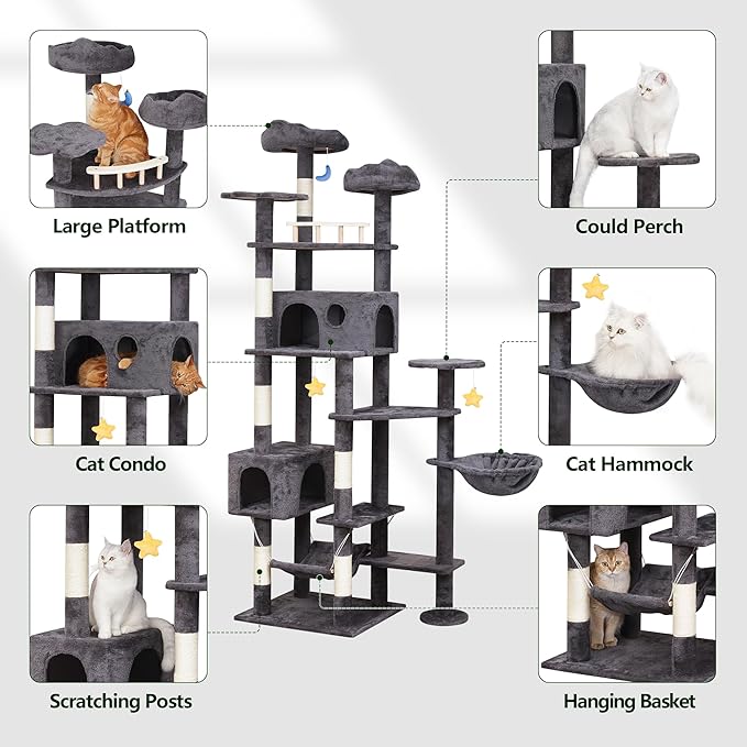 85in Giant Cat Tree for Heavy Duty Big Cats, Large Cat Trees with Scratching Post, Cat Tree Tower with Cat Condos, Hammock & Plush Perch for Maine Coon, Smoky Gray-Mewly Pet