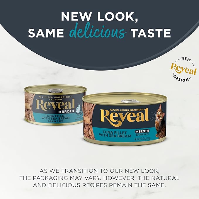 Reveal Natural Wet Cat Food, 24 Count, Grain Free, Limited Ingredient Canned Food for Cats, Tuna with Sea Bream in Broth, 2.47 oz Cans-Mewly Pet