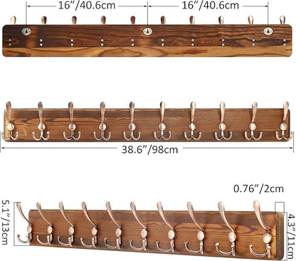 SKOLOO Coat Rack Wall Mounted - 38.3'' Long, Pack of 2, Wooden, Heavy Duty, Rustic Coat Hooks for Wall, Wall Coat Rack with 10 Triple Hooks for Hanging Clothes, Jacket, Hat(Brown & Retro Red)