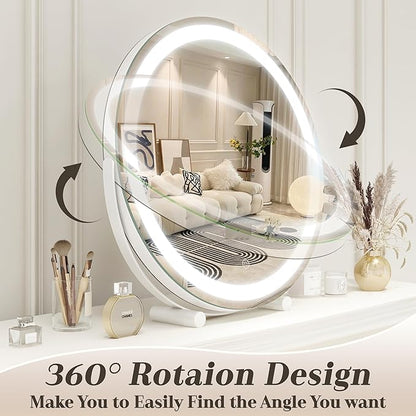 Vanity Makeup Mirror with Lights, 18 Inch LED Makeup Mirror, Lighted Vanity Mirror with Lights, Smart Touch Control 3 Colors Dimmable Round Mirror, Tabletop ＆ Desk Mirror, 360°Rotation (White)
